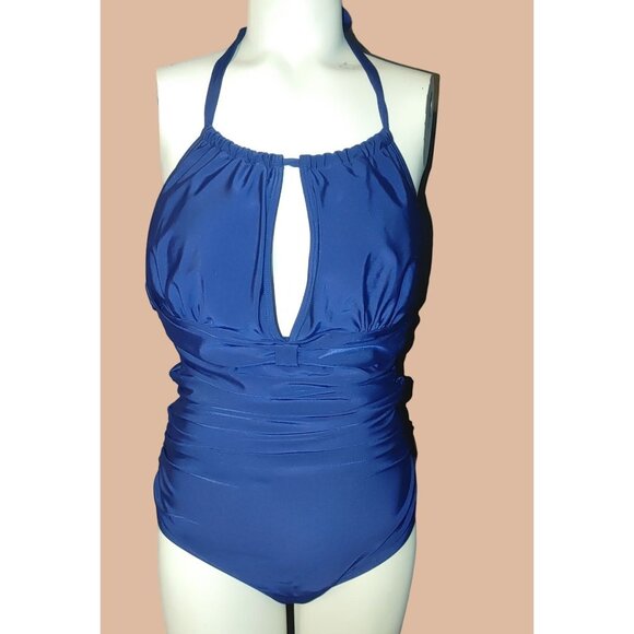 One-Piece XL Swimsuit Navy Blue Halter Top Tummy Control  Polyester Spandex - Picture 1 of 6